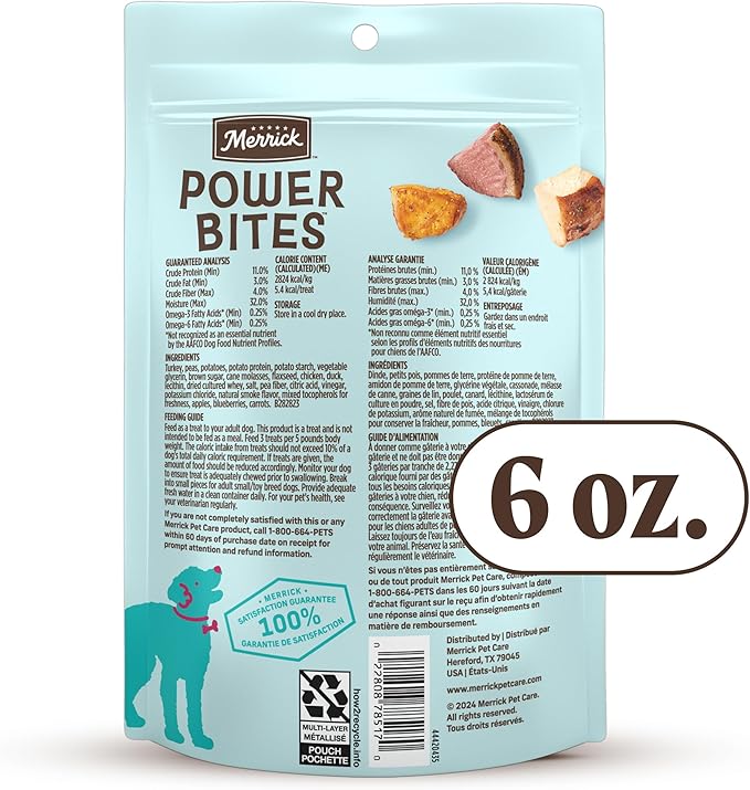 Merrick Power Bites Natural Soft And Chewy Real Meat Dog Treats, Grain Free Snack, Real Turducken Recipe - 6 oz. Bag