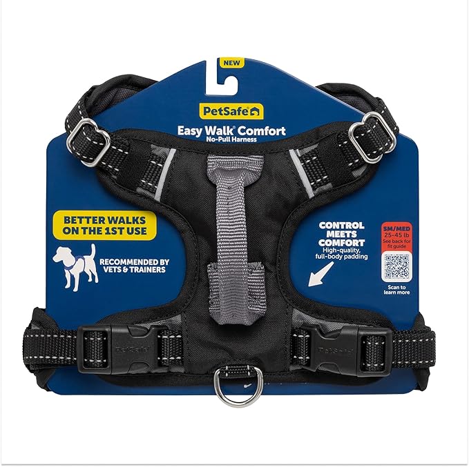PetSafe Easy Walk Comfort No-Pull Dog Harness - Better Walk Training Harness - Full Body Padded Design - Durable Fabric - 5 Point Adjustable Fit - Everyday Leash Training - Black - Small/Medium