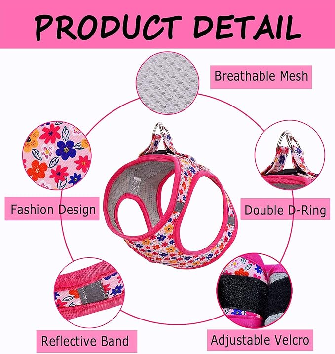 Moonpet Step in Dog Harness Leash Set- All Weather Reflective No-Pull Floral Pattern Padded Mesh Vest Harness for Cats Puppy Extra-Small Small Medium Large Dogs - Romantic Sakura - XL