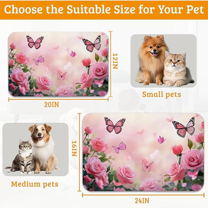 Rose Pink Dog Cat Food Mat,Butterfly Absorbent Waterproof Placemat for Food and Water Non Slip Rubber Backing Durable Feeding Pad for Clean Floors 16" x 24"