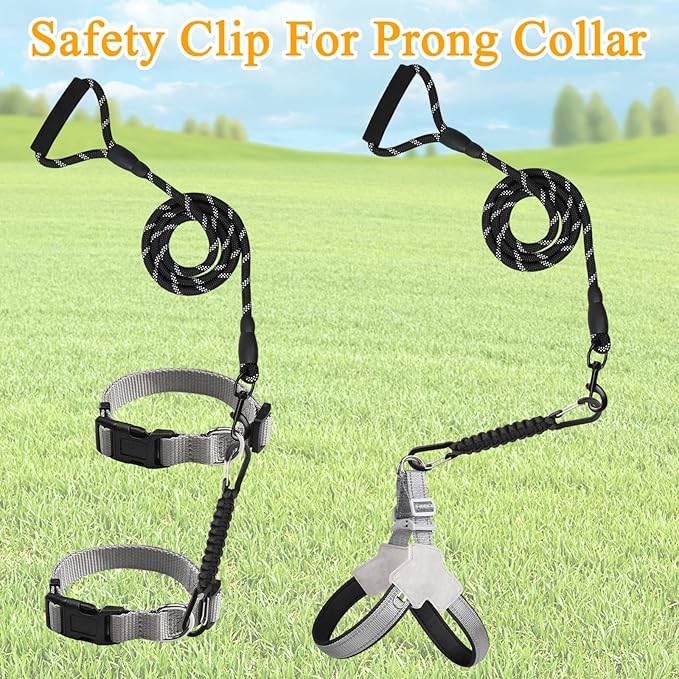 BLMHTWO Dog Collar Safety Clip, Double-Ended Harness to Collar Safety Clip, Handmade Backup Strap Dog Harness Connector for Prong, Leashes, Walking, Running and Hiking (Black)