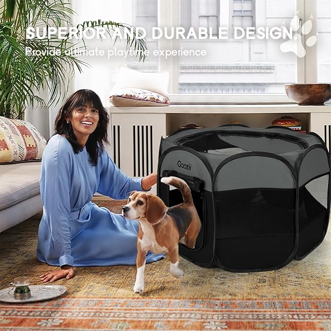 Goozii Portable Puppy Playpen Indoor, Small Dog Playpen, Pop Up Kitten Cat Play Pen Tent for Outdoor, Foldable Pet Cage Crate Kennel with Zip Gate Top Cover Bottom for Travel Camping RV Car (Black)