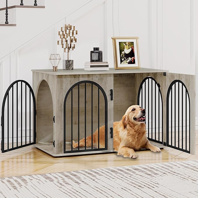 Hzuaneri 39.4" Wooden Dog Crate Furniture, Indoor Dog Kennel Dogs Cage for Small/Medium/Large Dogs, Heavy Duty Dog Crates Decorative Pet House End Side Table TV Stand, Greige Black DFC84105B