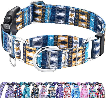 Reflective Martingale Collar with Buckle Shark Starfish Ethnic Stripe Adjustable Designer Dog Collars (Underwater World, Medium)