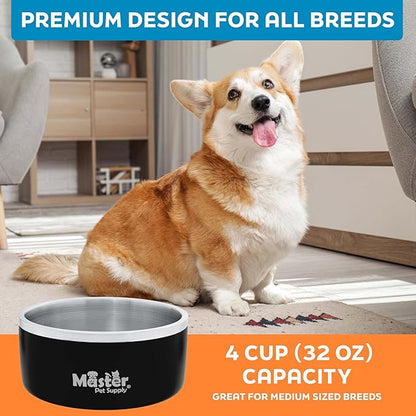 Master Pet Supply Stainless Steel Dog Bowls - 32 oz, Heavy Duty - Black Velvet, Double Wall Extra-Thick Insulated, Non-Slip Pet Water Bowl for Dogs, Cats & Pets, Anti Rust Metal, Dish Washer Safe