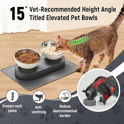 Marchul Stainless Steel Elevated Dog Food Bowls Set with Spill Proof Dish Mat, Raised Tilted Cat Bowl for Healthy Digestion, 1-Second Detachable & Dishwasher Safe