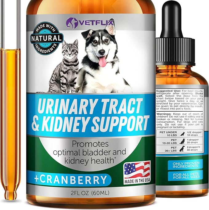 UTI and Kidney Support for Dogs, Cats, Puppies and Kittens – Natural Urinary Tract Supplement with Cranberry – Supports Bladder and Immune Health – Made in USA – 2 Fl Oz