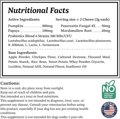 Selly’s Den Dog 6 Strain Blend Probiotics for Gut Health - Chicken Flavor Soft Chew Supplement for Itch - Enzymes, Pumpkin, & Prebiotics - Stops Gas, Diarrhea, and Bad Breath - Made in USA - 90 Count