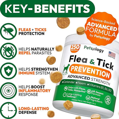 Flea and Tick Prevention for Dogs Pills - 250 Soft Chews - Natural Dog Flea & Tick Control - Oral Defense Treatment for Dogs Supplement - Vet Formulated Chews - All Breeds & Ages - Made in USA