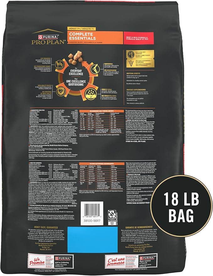 Purina Pro Plan Senior Dog Food, 7 Plus Shredded Blend Beef and Rice Formula Dry Dog Food, 18 lb. Bag