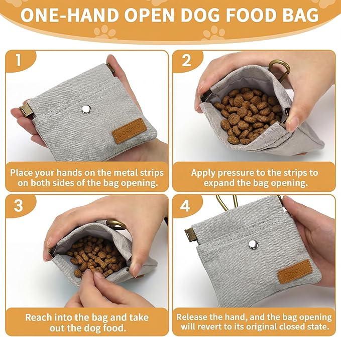 Dog Treat Pouch, Hand Free Dog Training Treat Bag with Carabiner & Magnetic Buckle, Auto Closing Dog Walking Bag for Puppy Travel or Outdoor Use, Pet Feed Snack Reward Pocket, Grey