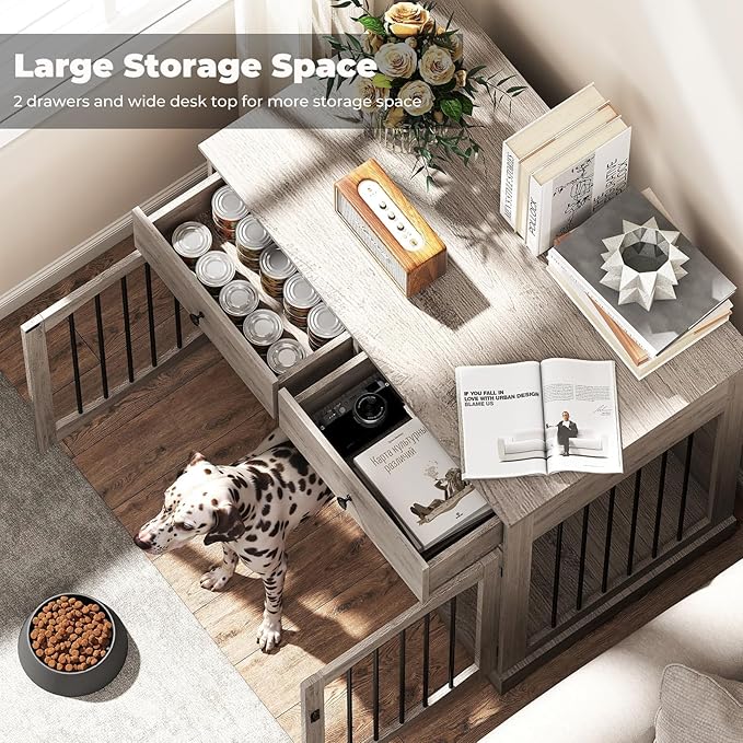 Dog Crate Furniture, Wooden Dog Kennel Furniture, Heavy-Duty Dog Crate End Table with Storage Drawers, Double Doors Decorative Pet Cage House Indoor for Small Medium Dog, 40Inch, Gray