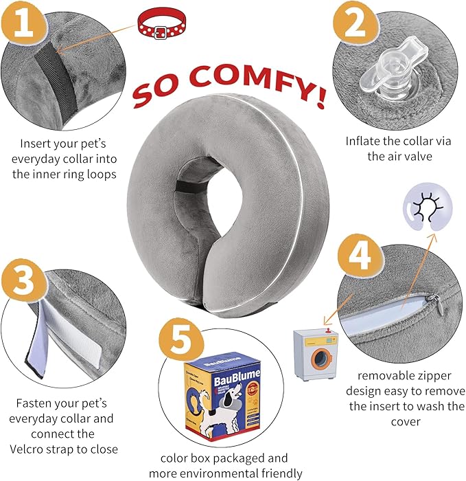 Inflatable Reflective Dog Cone Collar Alternative After Surgery,Doggie Recovery Dount Neck Ecollar,Adjustable Soft Dog Cone Collar for Small Medium Large Dogs (Grey, M)