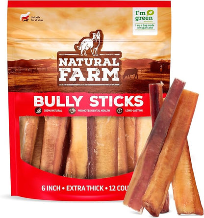 Natural Farm Odor Free Jumbo Bully Sticks (6 Inch, 12 Pack), Extra-Thick Dog Treats – Fully Digestible 100% Beef Treats, Natural Dental Chews – Keep Your Dog Busy with 50% Longer Lasting Chews