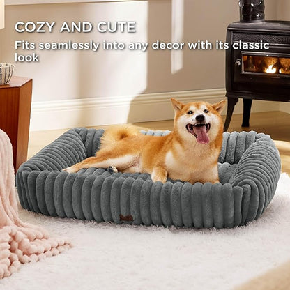 Bedsure ComfyFleece™ Cute Dog Bed for Large Dogs - Washable Furry Puppy Beds, Rectangle Orthopedic Corduroy Fleece Pet Beds with Removable Zipper Cover, 36x27x8inches, Warm Grey