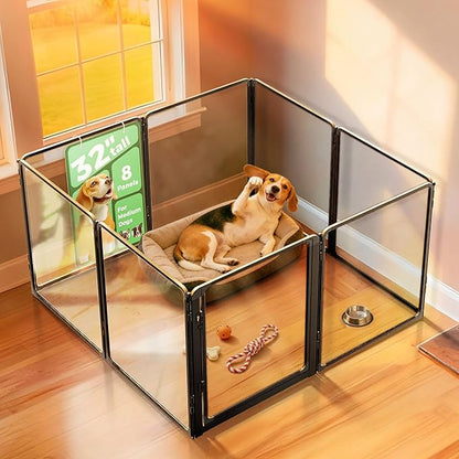 FXW AuraSpace Pro Acrylic Indoor Dog Playpen, Heavy-Duty with Metal Frame, 32" Height 8 Panels for Small and Medium Dogs, Black│Patented