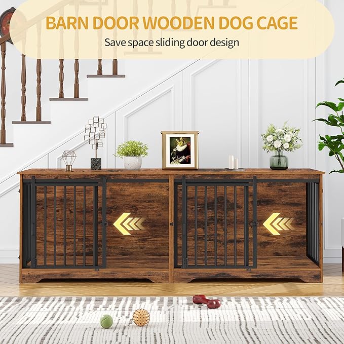Hzuaneri 78" Dog Crate Furniture for 2 Dogs, Double Dog Cage with Divider, Wooden Heavy Duty Dogs Kennel, Pet Cage with Barn Door, TV Stand for Large Small Medium Dogs, Rustic Brown DFC83701BV1