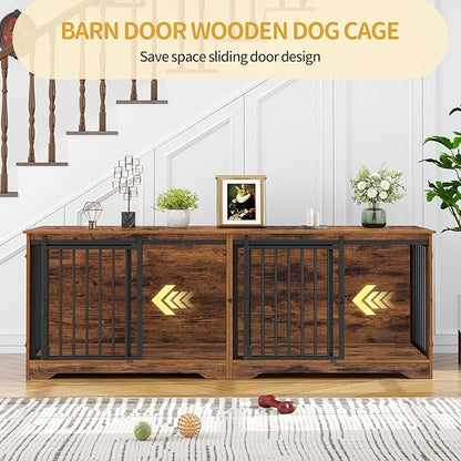 Hzuaneri 78" Dog Crate Furniture for 2 Dogs, Double Dog Cage with Divider, Wooden Heavy Duty Dogs Kennel, Pet Cage with Barn Door, TV Stand for Large Small Medium Dogs, Rustic Brown DFC83701BV1