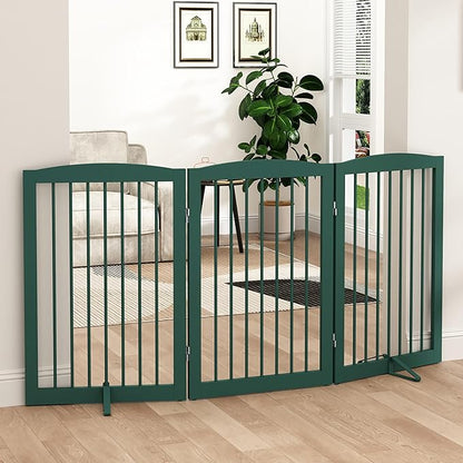 PUPETPO Freestanding Pet Gate for Dogs, Foldable Wooden Dog Gate for House Indoor, Step Over Pet Puppy Safety Fence for Stair, Doorway,Hall, Support Feet Included,3 Panels 32",Green