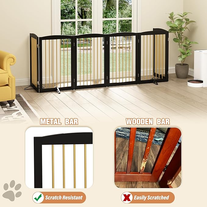 PUPETPO Freestanding Pet Gate for Dogs, Indoor Wooden Dog Gate for House, Extra Wide Foldable Dog Gate for Stair, Doorway, Hall, Support Feet Included, 120 Inch Wide, 6 Panels 32",Black&Gold
