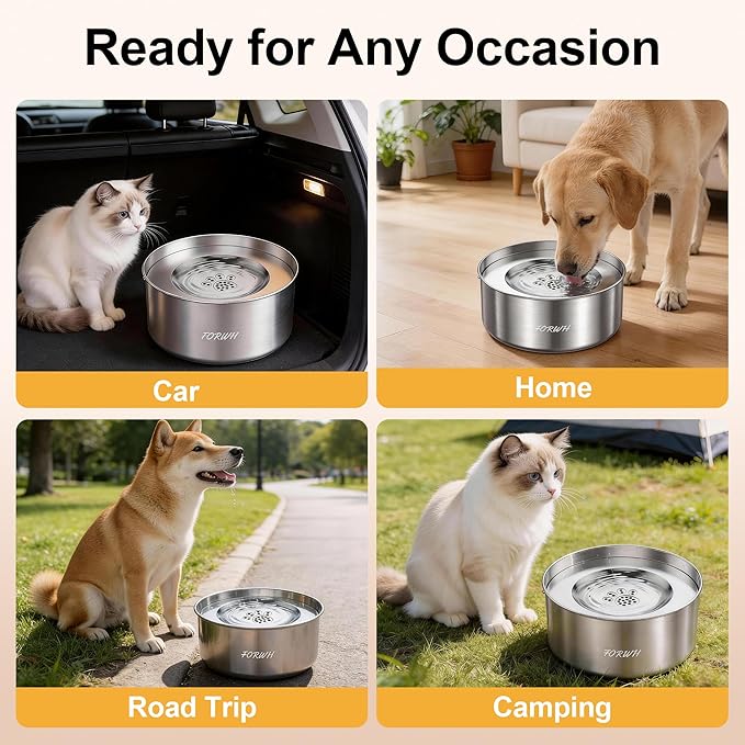 Stainless Steel Dog Water Bowl No Spill, 101oz/3L Large Capacity Pet Water Dispenser with Floating Disk, Non-Slip Slow Drink Feeder for Cat, Anti-Gulping & Splash Proof for Travel, Car & Home