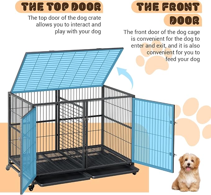 Heavy Duty Dog Crate, 48 Inches Large Metal Dog Kennel with Flexible Divider, 2 Door Pet Cage with Removable Tray and Wheels for Small Medium Large Pets