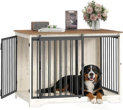 Hzuaneri 43.3" Dog Crate Furniture with Barn Door, Heavy Duty Dog Kennel Indoor with 2 Doors, Wooden Pet Cage End Table for Large Small Medium Dogs, Anti-Chew Anti-Escape, White Brown DFC92314B