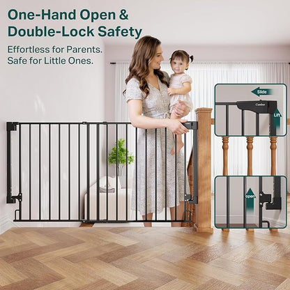 Cumbor 35.1–55" No Bottom Bar Baby Gate for Stairs, 2-in-1 Auto Close Dog Gate Indoor, Hardware Mounted Wide Pet Gate for Doorways with Large Walk Thru Door, Child-Proof Safety Gate for Kids (Black)