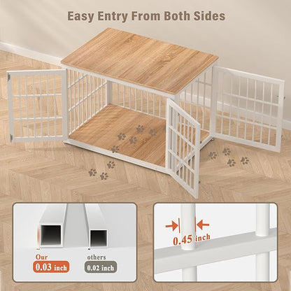 rehomerance 42 Inch Heavy Duty Dog Crate Furniture for Large and Medium Dogs, Decorative Pet House End Table, Wooden Cage Kennel Furniture Indoor, Natural and White