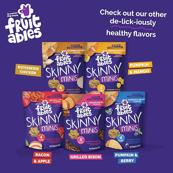 Fruitables Skinny Mini Dog Treats, Healthy Sweet Potato Treat for Dogs, Low Calorie & Delicious, Puppy Training, No Wheat, Corn or Soy, Made in the USA, Bacon and Apple Flavor, 5oz