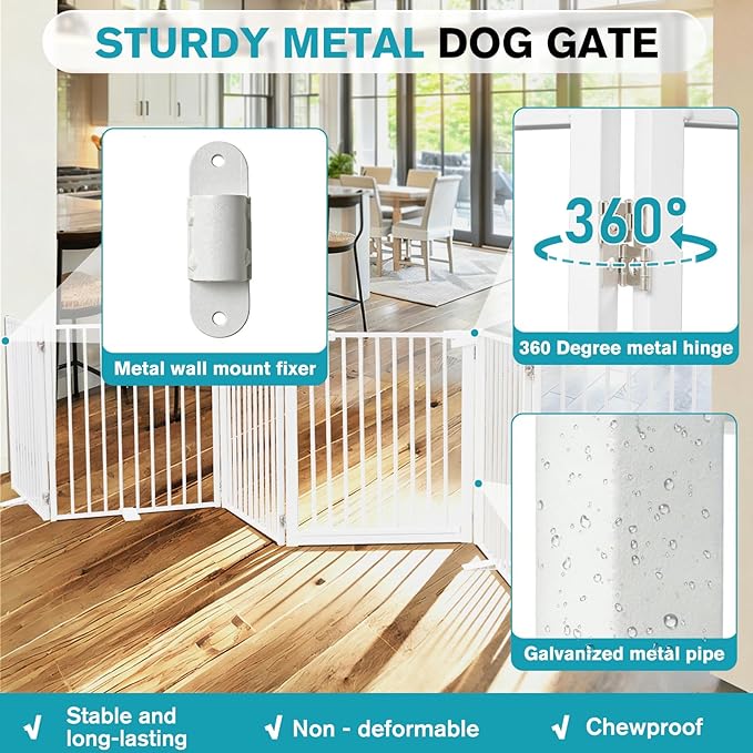 Snagle Paw Extra Wide Dog Gate,Free Standing Dog Fence with Door, Up to 156 Inch Wide Pet Gate with Support Feet for Stairs, Hallways, Doorways, Yard (White, 6 Panels)