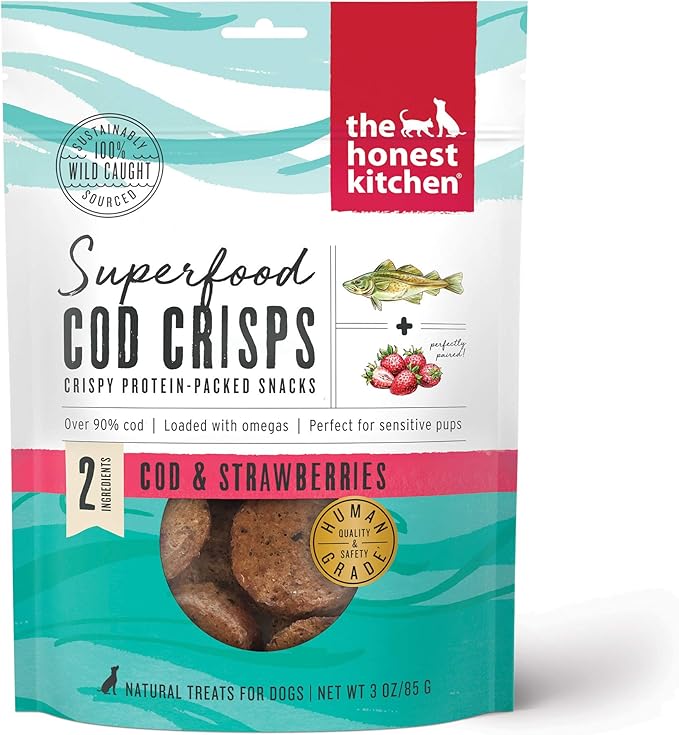 The Honest Kitchen Human Grade Dog Treats Superfood Cod Crisps: Cod & Strawberry, 3 oz