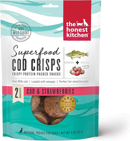 The Honest Kitchen Human Grade Dog Treats Superfood Cod Crisps: Cod & Strawberry, 3 oz