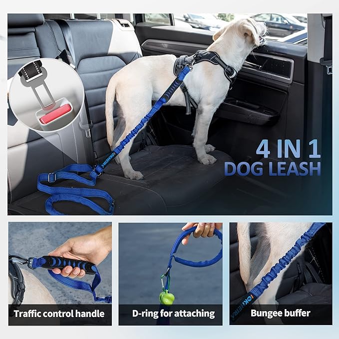 IOKHEIRA Multifunctional Dog Leash for Large & Medium Dogs, Adjustable with Car Seatbelt, 4-6 FT Strong Bungee (Blue)