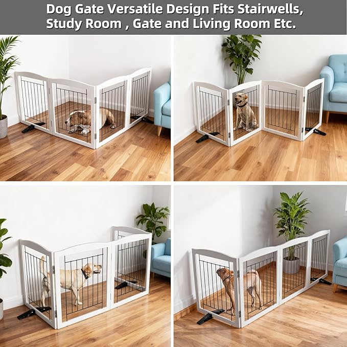 ZJSF Freestanding Dog Fence Indoor, Foldable Dog Gate for Doorways, Stairs or Hallways, Sturdy Wood Extra Wide Pet Gate with Support Feet for The House, White, 24 "Height-4 Panels