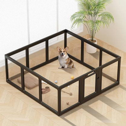 Clear Acrylic Dog Playpen Indoor, Puppy Cat Small Pet Play Pen, Pet Cat Playpen for Rabbits, Dog Fence Crate Kennel Whelping Cage (Black, 12 Panel)