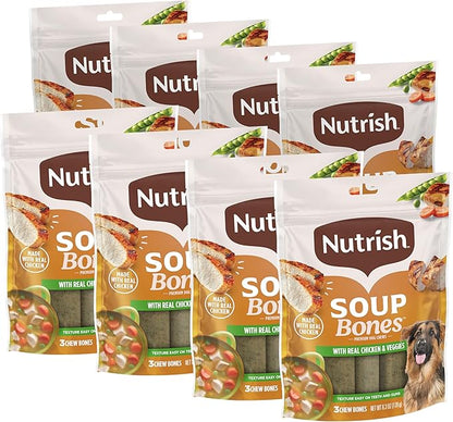 Nutrish Soup Bones Premium Dog Chews with Real Chicken and Veggies, 6.3 oz. Bag, Pack of 8 (Rachael Ray)