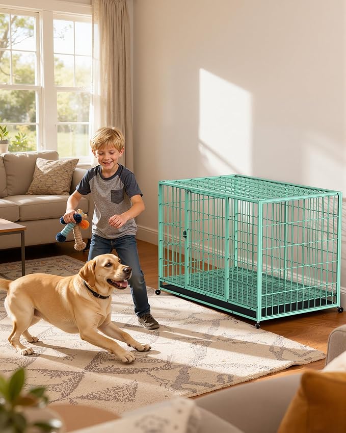 HIWOKK 48 Inch Large Dog Crate, Escape Proof Dog Cage with Dual Door Lock and Swivel Casters,Removable Tray for Easy Cleaning, Dog Kennel Indoor Outdoor Use