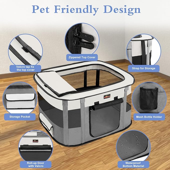 Dog Playpen, Pet Playpen, Foldable Kitten cage Puppy Play Pen, Portable Dog Kennel Tent Crate, Indoor Outdoor Travel Camping Use for Small Animals with Carrying Case (Grey S)