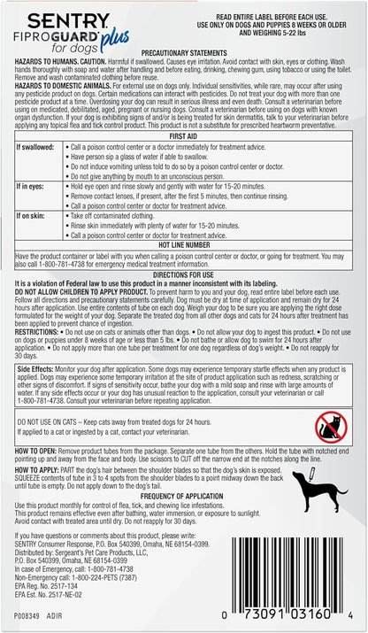 Sentry Fiproguard Plus for Dogs, Flea and Tick Prevention for Dogs (5-22 Pounds), Includes 3 Month Supply of Topical Flea Treatments