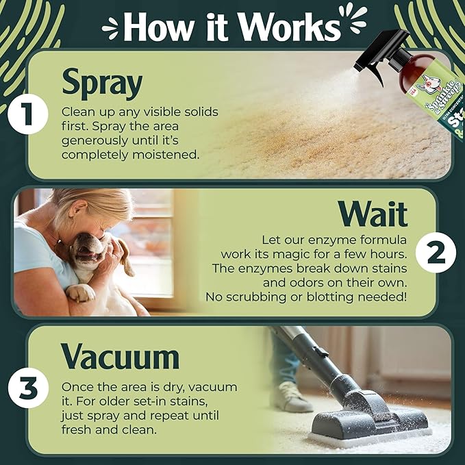 Sprinkle & Sweep: Pet Mess & Odor Cleanup Bundle - 15oz Bag, Dustpan Broom, 24oz Enzyme Stain Spray - Dog Accident Clumping Powder & Spot Treatment
