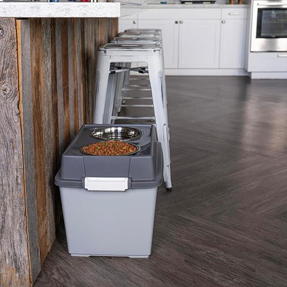 IRIS USA Elevated Dog Bowls, 15" H Raised Bowl for Large Dogs, Airtight Pet Food Storage Holds Up to 47 Lbs, 2 Removable 64 oz Stainless Steel Bowls, at Home or Camping, Dark Gray