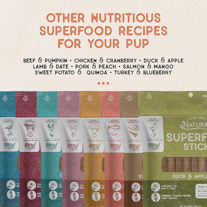 Dog Treat Naturals Superfood Sticks, Duck & Apple, 10oz Bag | Dog Chew Sticks | All-Natural, Pet Training Treats | Joint-Skin-Coat Health | USA Made