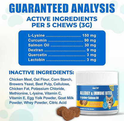Just Try 300 Bites Allergy & Immune Bites for Cats - with L-Lysine & Quercetin for Itchy Skin Relief & Cat Allergy- Skin & Coat Health Eye Health- Grain Free Dietary Supplements for Pets
