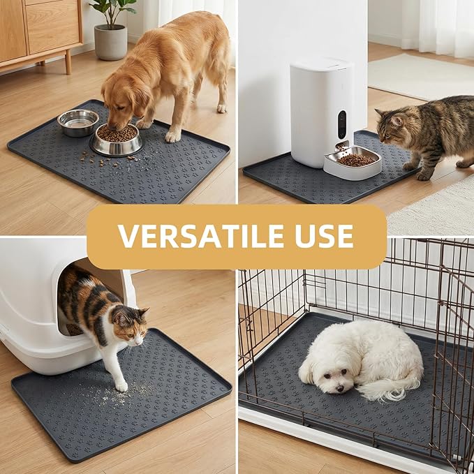 Silicone Dog Food Mat, 100% Waterproof Pet Feeding Mat with Raised Edge, Non-Slip Bowl Placemat for Cats & Dogs, Pets Accessories, 23.6” x 15.9”