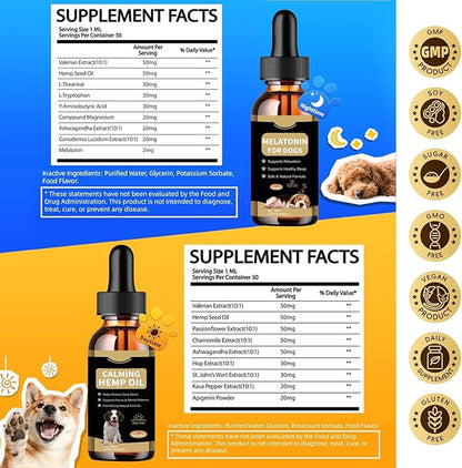 Hemp Oil & Melatonin for Dogs, Day & Night Calming Drops Support Set, Helps with Anxiety, Stress, Aggression, Separation, Relaxation & Sleep Aid