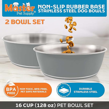Master Pet Supply Stainless Steel Dog Bowls Set of 2 (128 Oz Each) with Non-Slip Rubber Base - Graphite - Basic Dog Food Bowl Water & Food Bowls for Small Medium Large Dogs & Cats, Metal Dish