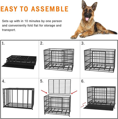 BOLDBONE 38 inch Heavy Duty Indestructible and Escape-Proof Dog Crate Cage Kennel for Large Dogs, High Anxiety Dog Crate with Removable Wire Trays and Wheels, Extra Large XL XXL, Black