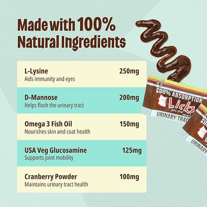 Licks Pill-Free Cat Urinary Tract Care - Cat UTI Care and Prevention Gel Packets - Urinary Tract Infection Supplement for Cats - Omega 3 Fish Oil and L-Lysine Supplement - Gel Packets - 10 Use