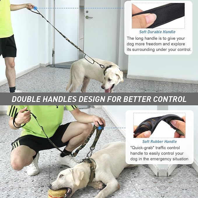 Hotsky Tactical Dog Leash Heavy Duty for Medium Large Dogs that Pull,4-6Ft Strong Bungee Shock Absorbing No Pull Dog Leash with Padded Double Handle and Car Seatbelt,CP